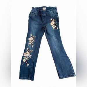 Peck & Peck- Stretch Elastic Waist Denim Jeans w/ Embroidered Flowers- 10